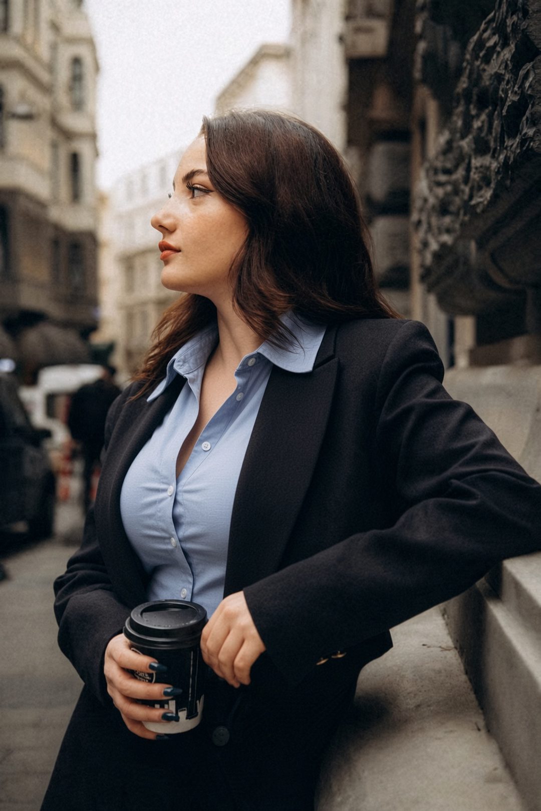 Professionnelle en veste sombre et chemise bleue, un café à la main, devant un bâtiment