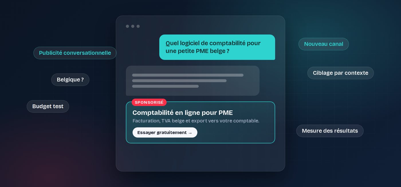 Illustration d'une conversation avec un assistant IA affichant une publicité sponsorisée pour un logiciel de comptabilité.