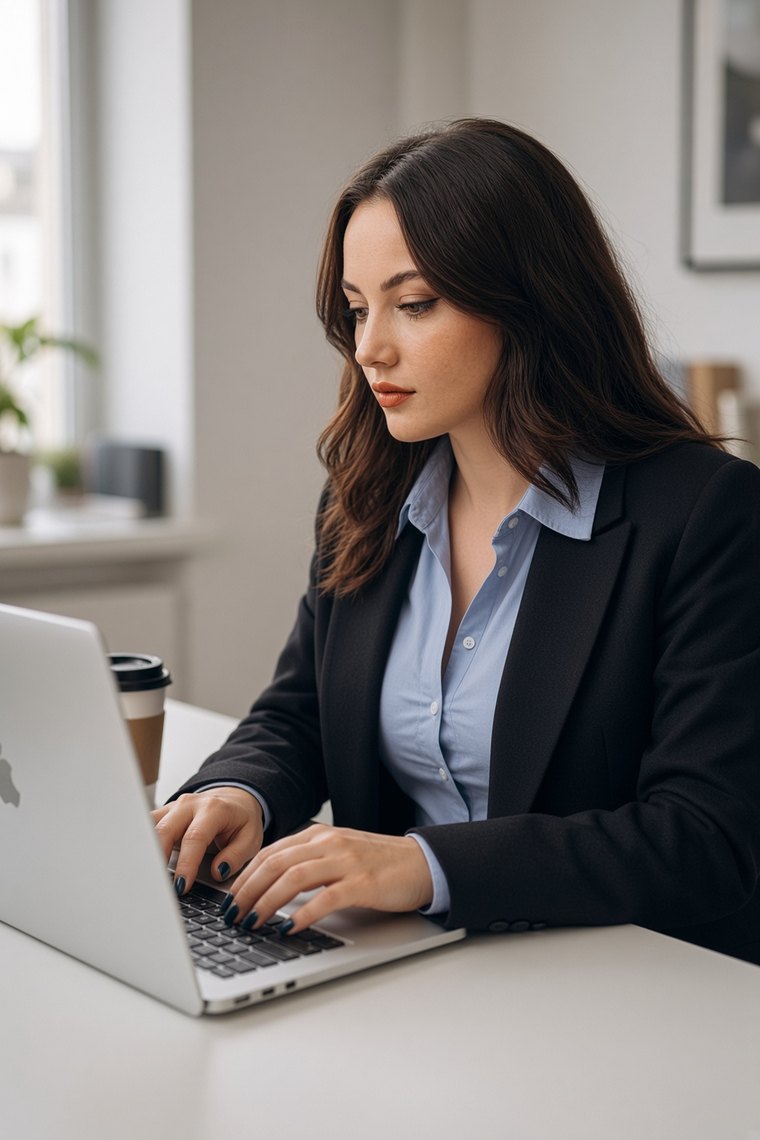 Professionnelle au travail sur son ordinateur portable, un café à portée de main.