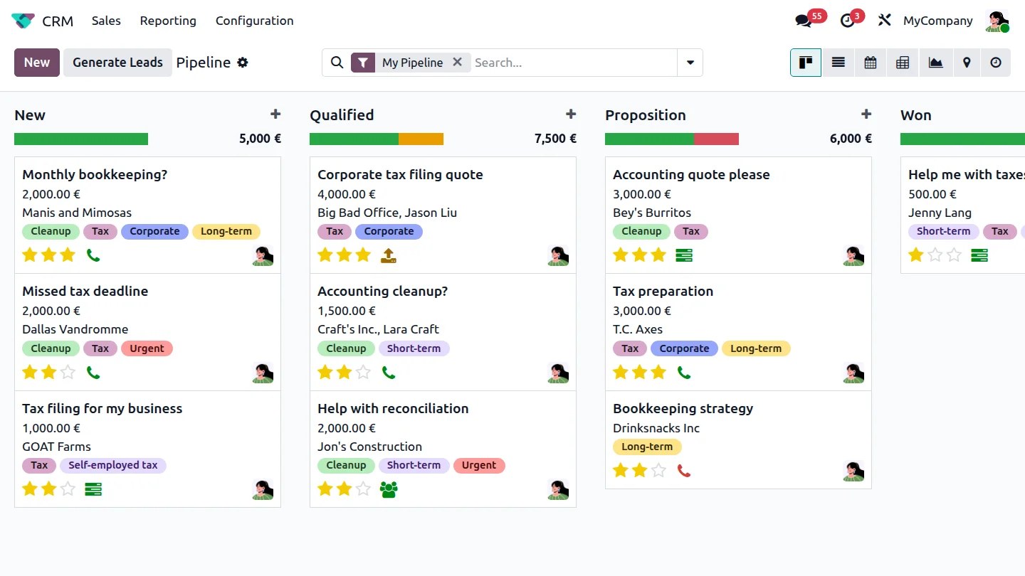 Pipeline CRM Odoo suivant les pistes commerciales d’un cabinet comptable.