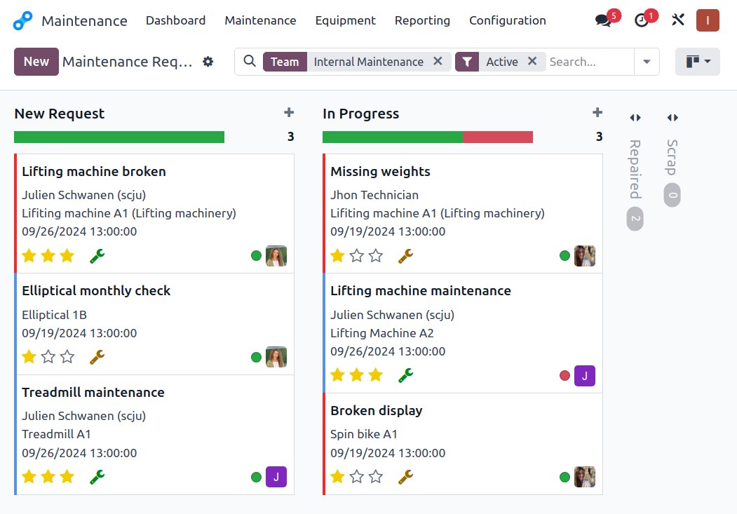 Application Maintenance Odoo planifiant l’entretien des équipements d’une salle de sport.