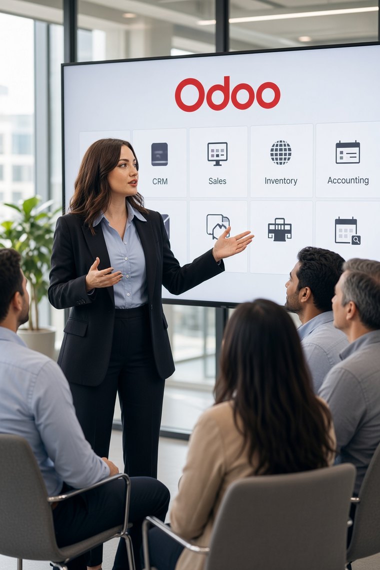 Une experte Net System présente les applications Odoo (CRM, Ventes, Inventaire, Comptabilité…) sur grand écran, devant un groupe de collaborateurs.