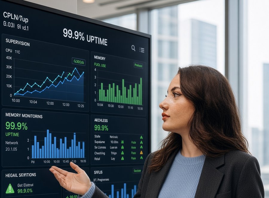 Une experte Net System présente un tableau de bord de supervision sur un grand écran, dans un bureau lumineux.