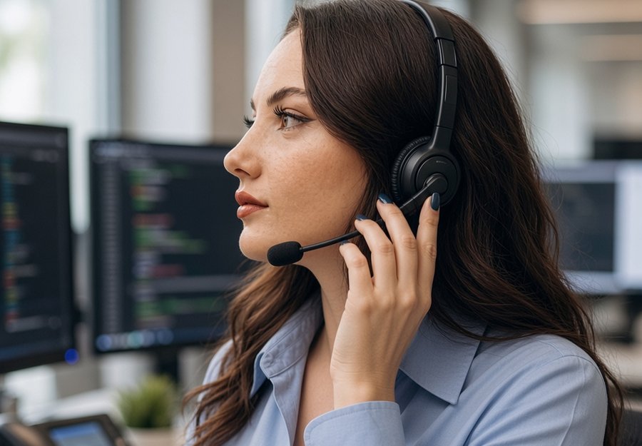 Technicienne Net System au téléphone avec un client, poste de supervision en arrière-plan.
