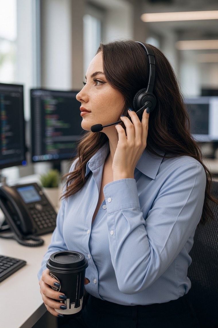 Technicienne avec un casque téléphonique au poste de travail, écrans de supervision en arrière-plan.