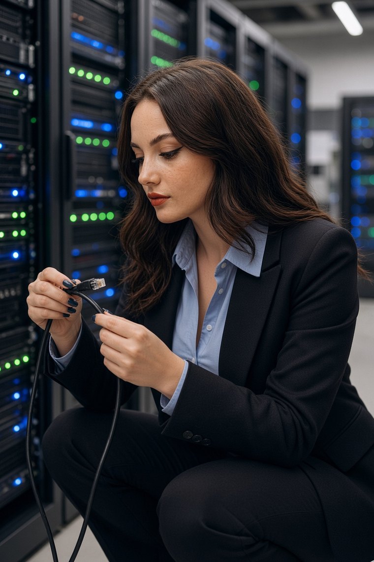 Technicienne Net System qui connecte un câble réseau dans une salle de serveurs équipée en matériel UniFi.
